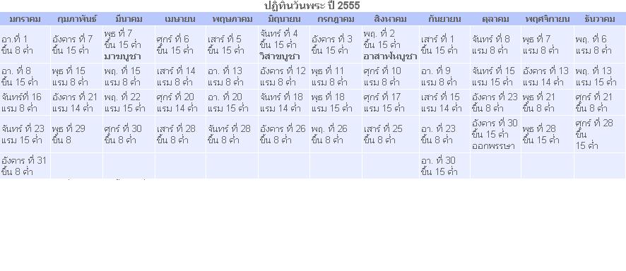 ปฏิทินวันพระ ปี 2555